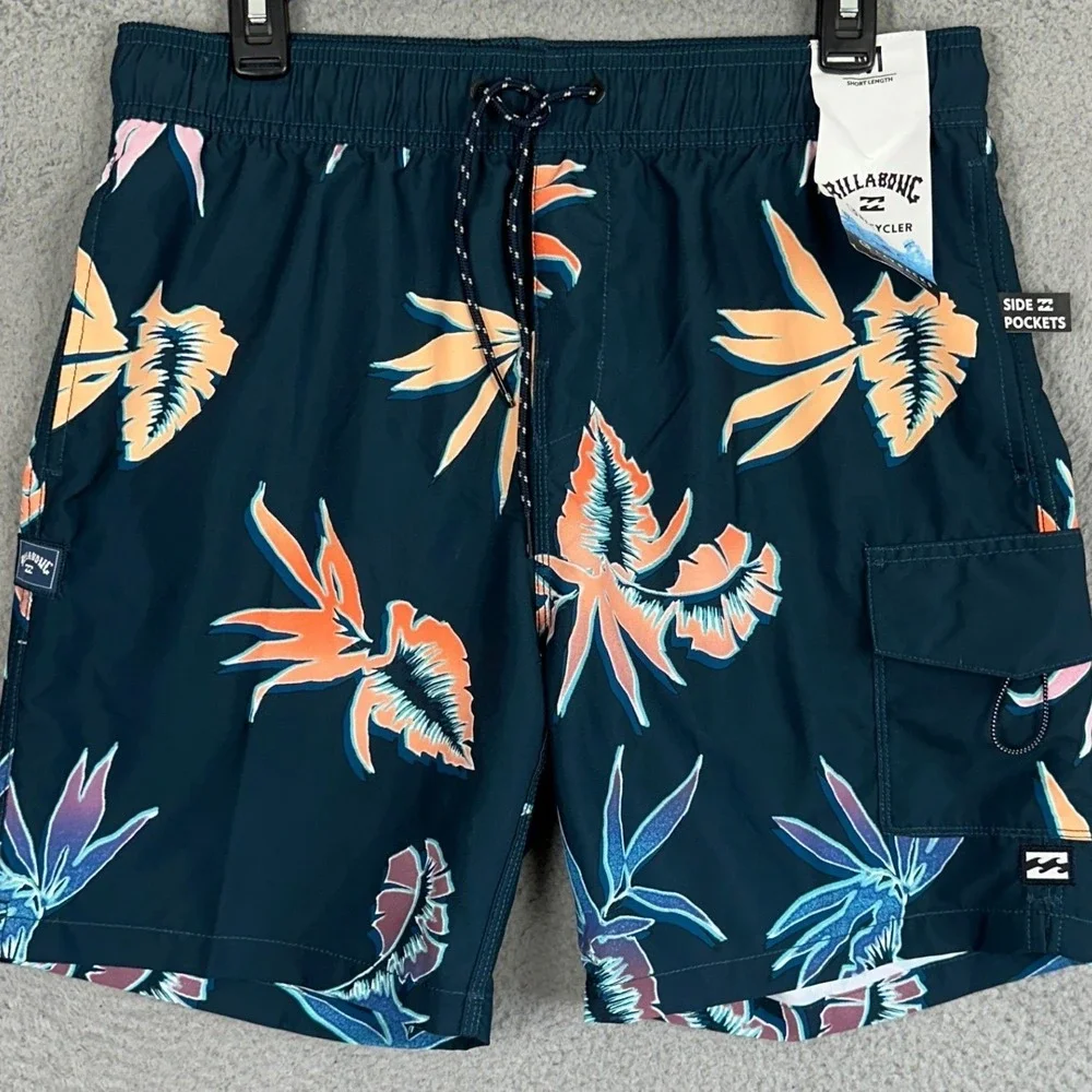 NEW Billabong Layback Swim Trunks Mens Medium Navy Tropical Floral Board Shorts